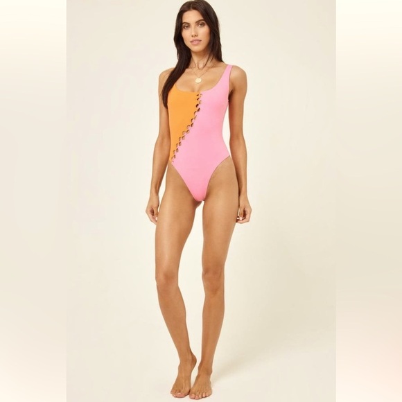 L*Space Solstice One Piece Swimsuit Colorblock Tangerine-Guava Size M NWT Lspace - Picture 1 of 7
